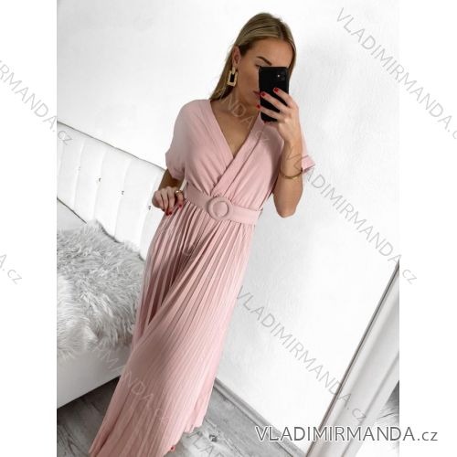 Šaty dlhé elegantné s opaskom krátky rukáv dámske (S/M ONE SIZE) TALIANSKA MÓDA IMWGB2314647