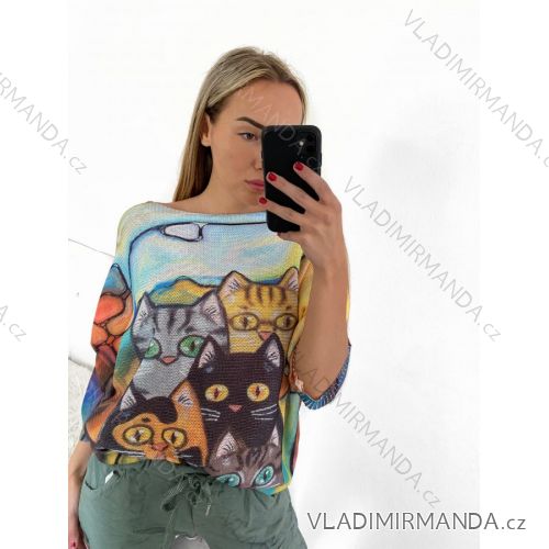 Sveter oversize tenký s potlačou dlhý rukáv dámsky nadrozmer (L/XL/2XL ONE SIZE) TALIANSKA MóDA IMB23KITTEN