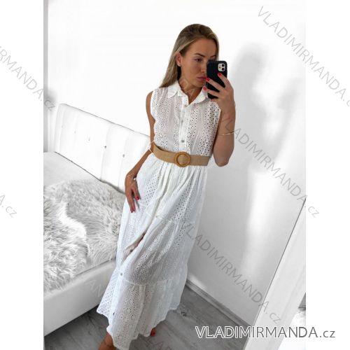 Šaty dlhé elegantné krajkové košeľové s opaskom bez rukáv dámske (S/M ONE SIZE) TALIANSKA MÓDA IMWGB231751/DU S/M biela