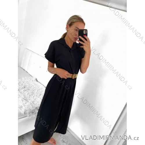 Šaty letné dlhé košeľové s opaskom krátky rukáv dámske (S/M ONE SIZE) TALIANSKA MÓDA IMWB222483/DUR S/M čierna
