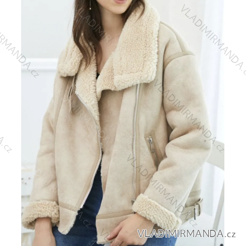 Bunda koženková s kožískom dlhý rukáv dámsky (S/M ONE SIZE) TALIANSKA MÓDA IMPGM2323065.