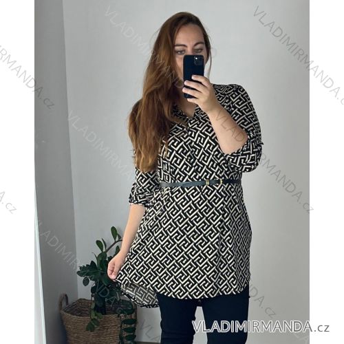 Šaty/tunika košeľová s opaskom dlhý rukáv dámske (S/M/L/XL/2XL/3XL ONE SIZE) TALIANSKA MóDA IM322298/DU béžová 2XL/3XL