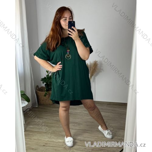 Šaty oversize s príveskom krátky rukáv dámske nadrozmer bavlnené letné (56/58 ONE SIZE) TALIANSKA MÓDA IM424381/DR 56/58 tmavo smaragdová