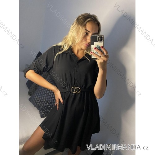 Šaty košeľové 3/4 dlhý rukáv dámske (S/M/L ONE SIZE) TALIANSKA MÓDA IMD24081/DU M / L čierna