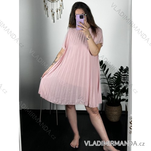 Šaty skladané krátky rukáv dámske (S/M/L  ONE SIZE) TALIANSKA MóDA IM424372 růžová světlá M / L