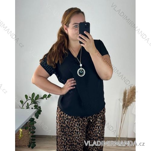 Tunika blúzka krátky rukáv dámska nadrozměr  (50/52 ONE SIZE) TALIANSKA MÓDA IMD24NECKLES/DUR 50/52 čierna