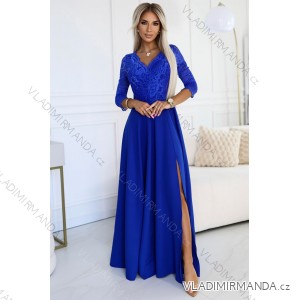 Šaty dlhé elegantné spoločenské krajkové s výstrihom dlhý rukáv (S - 2XL) Poľská móda- Royal blue 309-12 AMBER