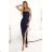 483-6 DIANE satin long dress with leg slit - navy blue color