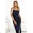 483-6 DIANE satin long dress with leg slit - navy blue color