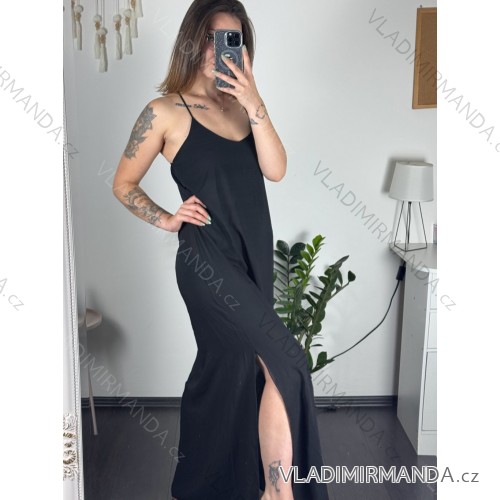 Šaty dlhé letné na ramienka dámske (S/M ONE SIZE) TALIANSKA MÓDA IMD23472/DUR - Čierna - S/M