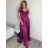 Šaty carmen dlhé na ramienka elegantné saténové dámske (S/M ONE SIZE) TALIANSKA MÓDA IMPBB22B22735/DR - ružová marhuľová - S/M