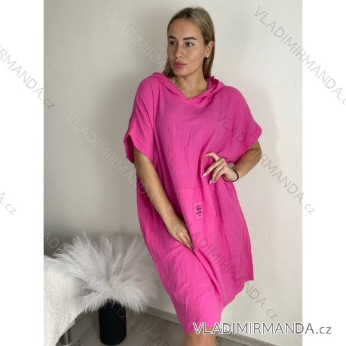 Šaty letné bavlnené mušelín s kapucňou krátky rukáv dámske nadrozmer (52/54/56 ONE SIZE) TALIANSKA MÓDA IM425154/DUR 52/54 tmavo ružová