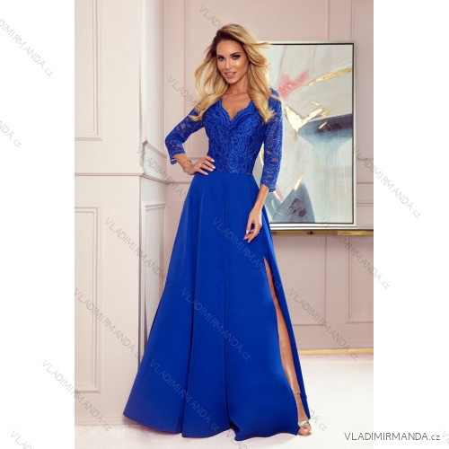 309-2 AMBER elegant lace long dress with a neckline - Royal blue