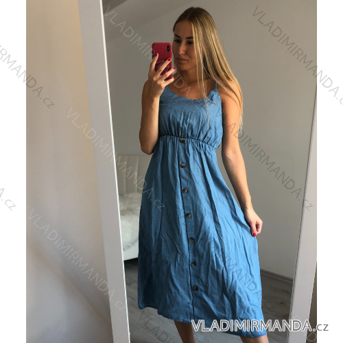 Šaty na ramínka riflové krátké letní dámské (S/M ONE SIZE) ITALSKÁ MÓDA IM721175/DR sv.modrá S / M
