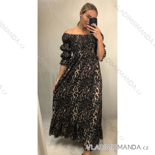 Šaty dlhé letné žabičkování carmen cez ramená dámske leopard (S / M ONE SIZE) TALIANSKÁ MÓDA IMWA216172-2