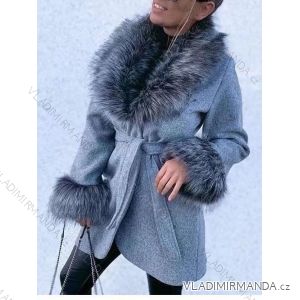 Kabát flaušový s kožíškem dlouhý rukáv dámský (S/M ONE SIZE) ITALSKÁ MÓDA IMWE224029