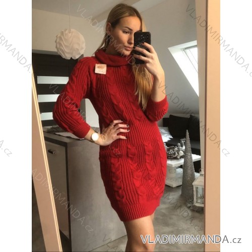 Šaty pletené s rolákom dlhý rukáv dámske (S/M/L ONE SIZE) TALIANSKA MóDA IM4221085/DU červená