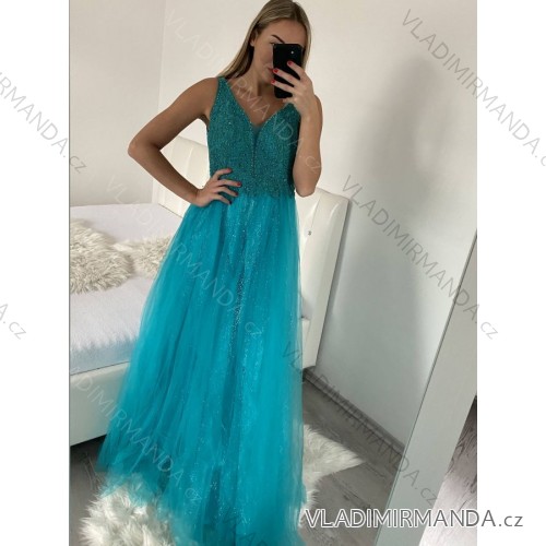 Šaty dlhé spoločenské elegantné letné na ramienka dámske (M/L, L/XL) TALIANSKA MÓDA IMPSH22260019/DU tyrkysová