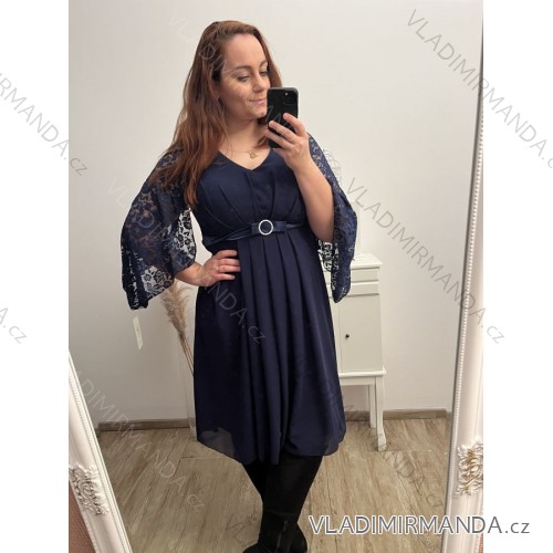 Šaty elegantné spoločenské dlhý rukáv dámske nadrozmer (XL/2XL ONE SIZE) TALIANSKA MÓDA IMPSH2280649/DU modrá tmavá XL/2XL