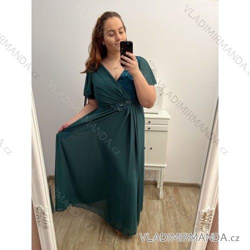 Šaty spoločenské elegantné šifónové krátky rukáv dámske nadrozmer (XL/2XL ONE SIZE) TALIANSKA MÓDA IMM22ZO9014/DU XL/2XL smaragdová