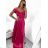 Šaty carmen dlhé na ramienka elegantné saténové dámske (S/M ONE SIZE) TALIANSKA MÓDA IMPBB22B22735/DR - ružová marhuľová - S/M