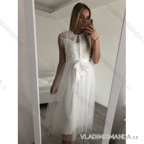 Šaty elegantné tilové krátke bez rukávov spoločenské dámske (S/M ONE SIZE) TALIANSKA MÓDA IMM23FL9665/DU biela