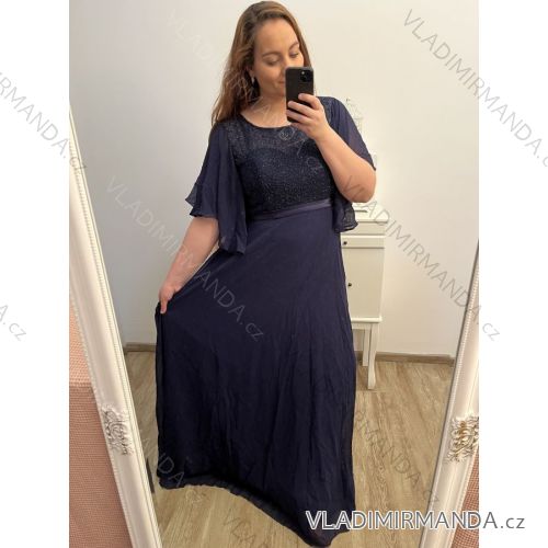 šaty plesové dlhé elegantné spoločenské krátky rukáv dámske (XL/2XL/3XL ONE SIZE) TALIANSKA MÓDA IMM23001/DU 2XL/3XL tmavo modrá